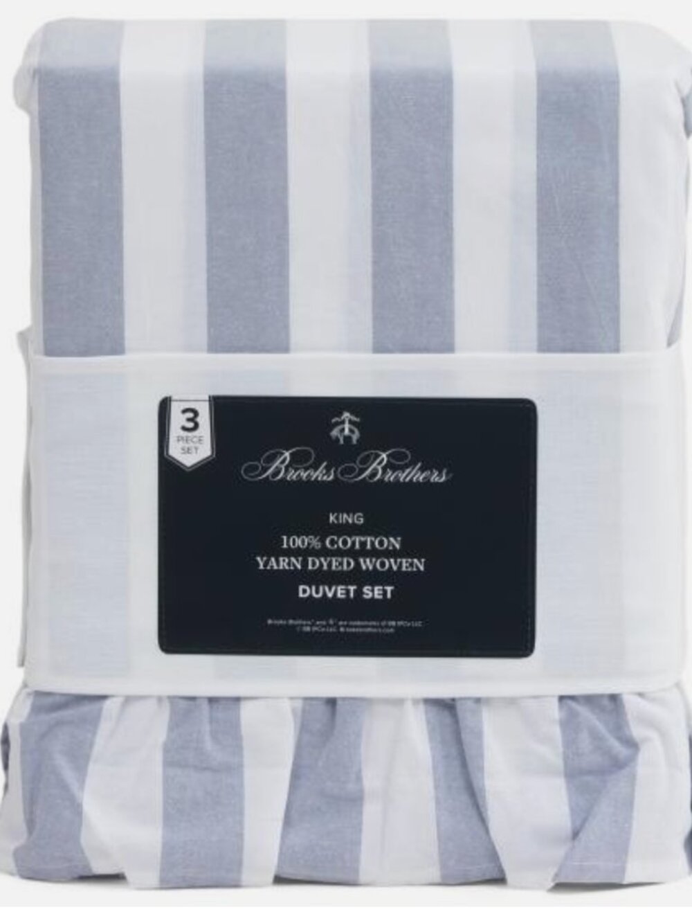 Brooks Brothers KING Size Cotton Duvet Set blue/white broad stripe ruffle edge